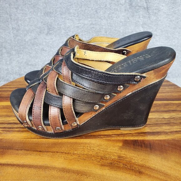 Bed Stu Sandals Women's 7 Brown Black Leather Gina Wedge Straps Slip On Platform - Picture 3 of 11